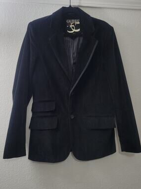 Guess Men's Black Velvet Blazer Jacket Small S Single Button Cotton Sport Coat